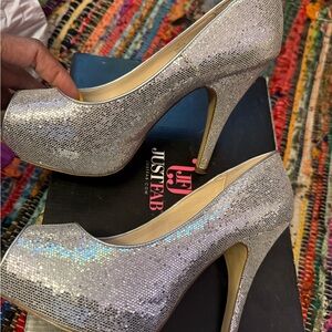 Silver peep toe heels